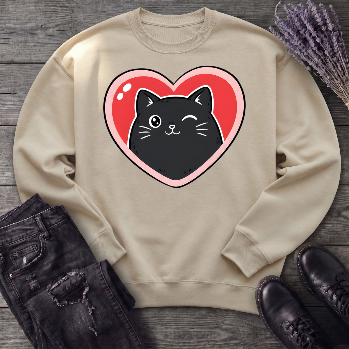 Winking Black Cat Heart Sweatshirt