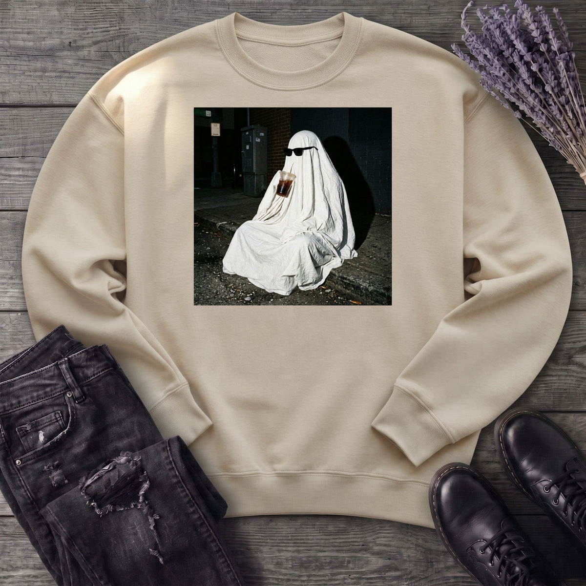 sheet ghost iced coffee curb meme Sweatshirt