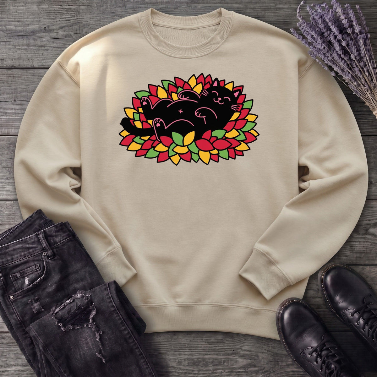 Black Cat Rolling Leaves Sweatshirt