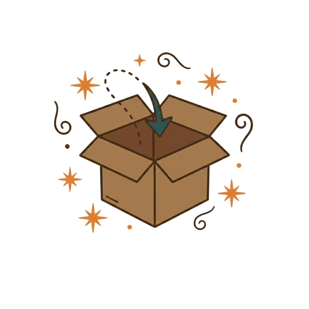 Illustration of an open cardboard box with stars around it on a white background